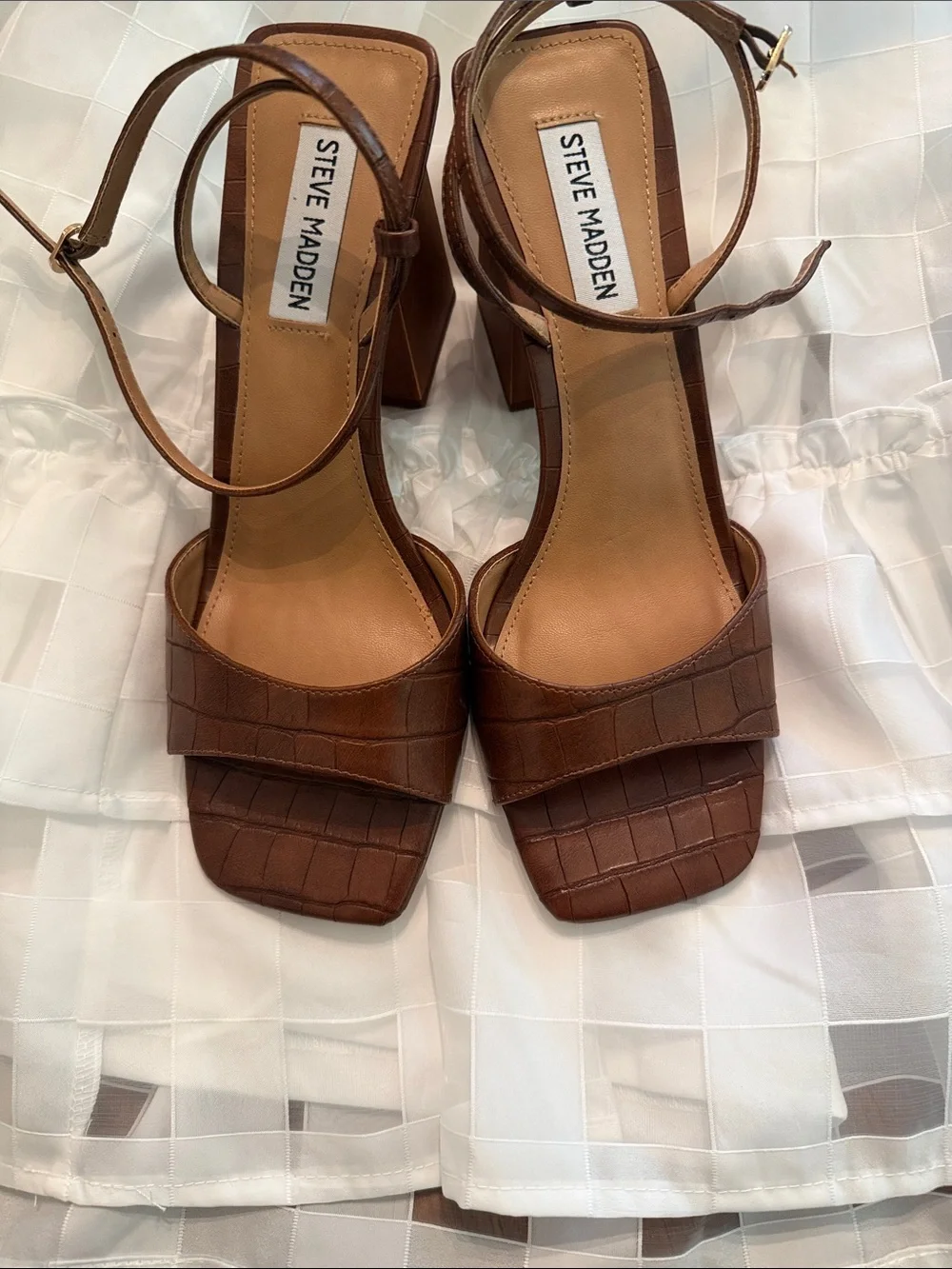 Steve Madden Brown Croc-Embossed Block Heel Sandals with Ankle Strap - Picture 1 of 5